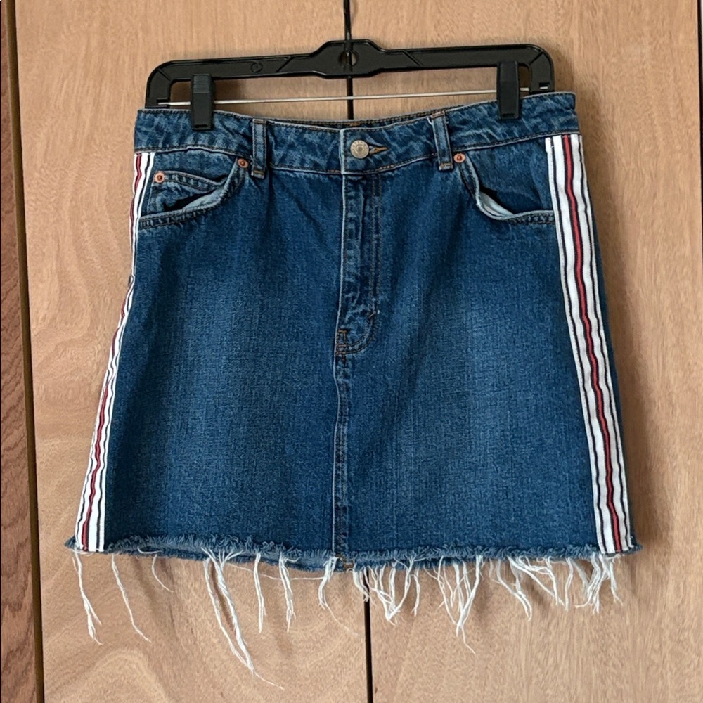Topshop Blue Denim Skirt with Red and White Stripes